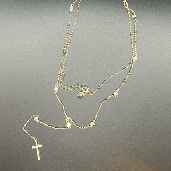 C1946 Gold Tone and Rhinestone Rosary Style Necklace - Picture 2 of 5